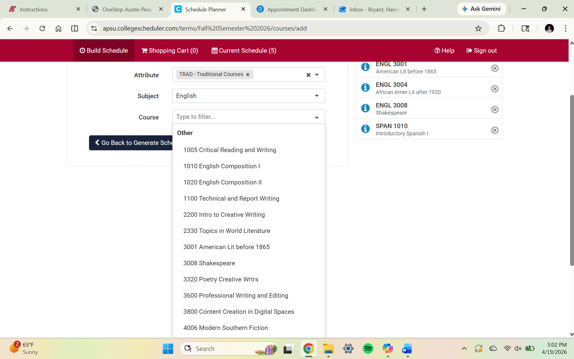 Use a screenshot of the list of available sections.